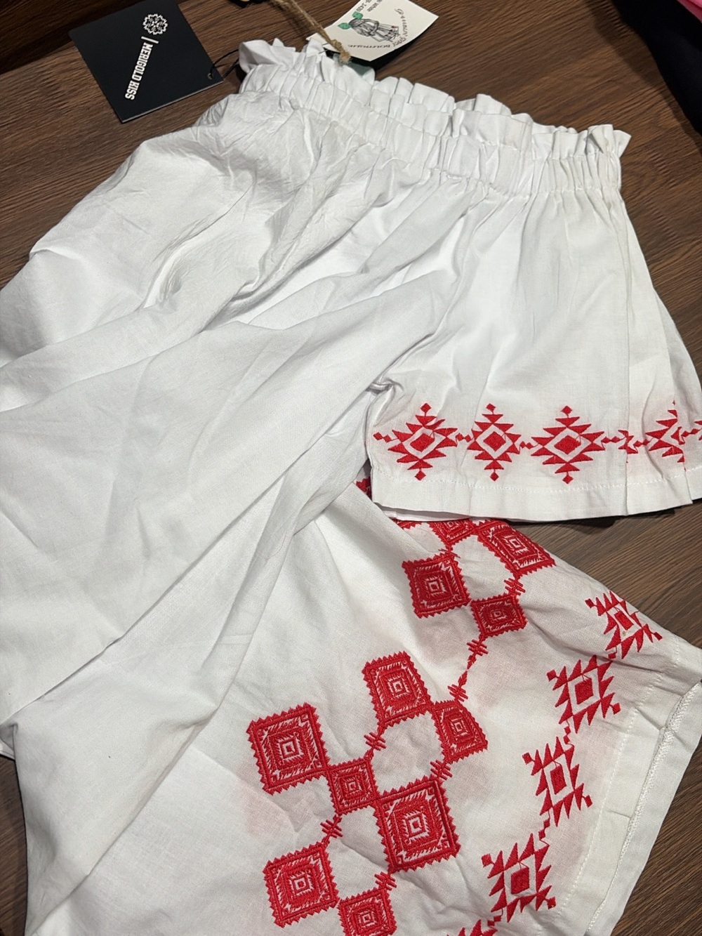 Embroidered White Linen Blend Dress with Red Geometric Trim